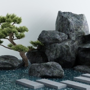 新中式假山水景3D模型下载